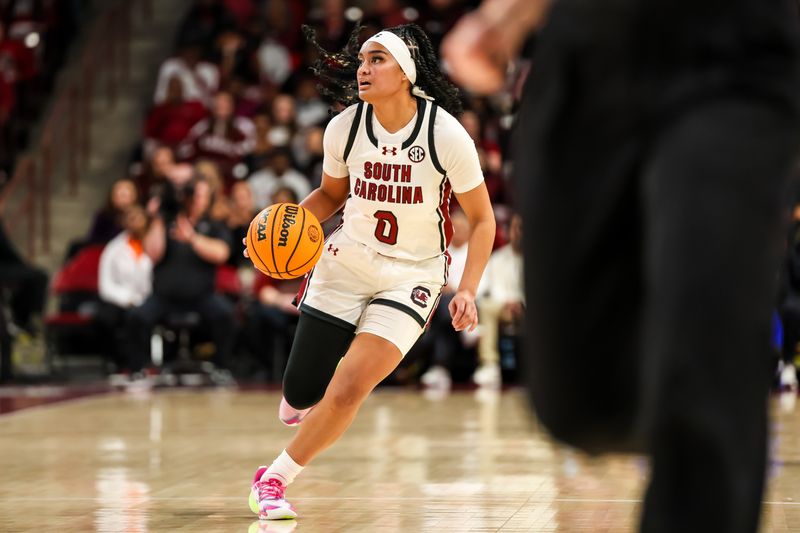 Jan 15, 2024; Columbia, South Carolina, USA; South Carolina Gamecocks guard Te-Hina Paopao (0) drives against the Kentucky Wildcats in the first half at Colonial Life Arena. Mandatory Credit: Jeff Blake-USA TODAY Sports