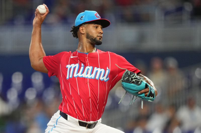 Aug 10, 2024; Miami, Florida, USA;  Miami Marlins starting pitcher Roddery Muñoz (71) pitches against the San Diego Padres in the first inning at loanDepot Park. Mandatory Credit: Jim Rassol-USA TODAY Sports