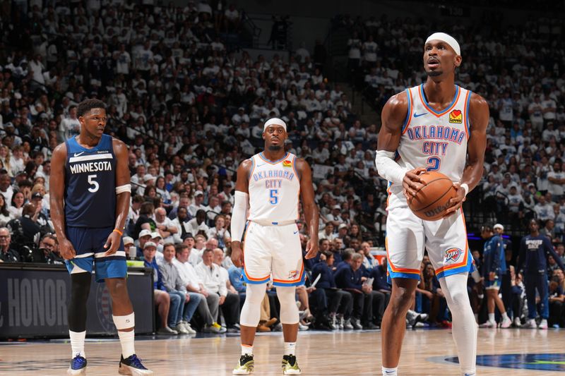 MINNEAPOLIS, MN -  MAY 24: Shai Gilgeous-Alexander #2 of the Oklahoma City Thunder shoots a free throw during the game against the Minnesota Timberwolves  during Game 3 of the 2025 NBA Western Conference Finals on May 24, 2025 at Target Center in Minneapolis, Minnesota. NOTE TO USER: User expressly acknowledges and agrees that, by downloading and or using this Photograph, user is consenting to the terms and conditions of the Getty Images License Agreement. Mandatory Copyright Notice: Copyright 2025 NBAE (Photo by Jesse D. Garrabrant/NBAE via Getty Images)