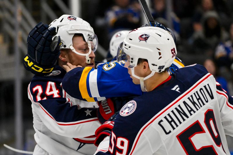 Oct 1, 2024; St. Louis, Missouri, USA;  Columbus Blue Jackets right wing Mathieu Olivier (24) and St. Louis Blues defenseman Tyler Tucker (75) fight during the third period at Enterprise Center. Mandatory Credit: Jeff Curry-Imagn Images