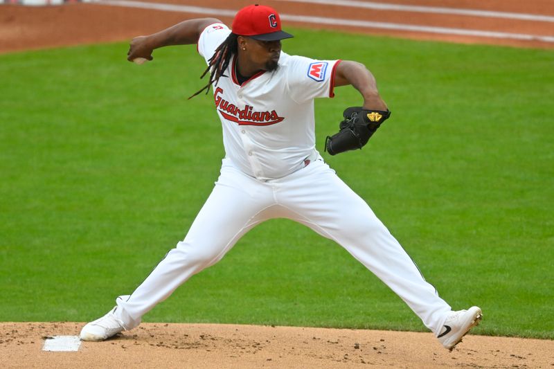Apr 30, 2025; Cleveland, Ohio, USA; Cleveland Guardians starting pitcher Luis Ortiz (45) delivers a pitch in the first inning against the Minnesota Twins at Progressive Field. Mandatory Credit: David Richard-Imagn Images