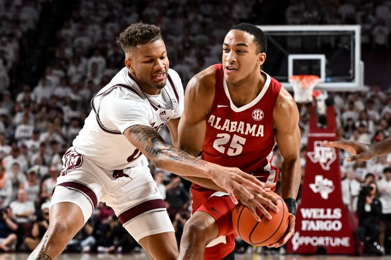 Mar 4, 2023; College Station, Texas, USA;  Alabama Crimson Tide guard Nimari Burnett (25) drives to the basket against Texas A&M Aggies guard Dexter Dennis (0) during the first half at Reed Arena. Mandatory Credit: Maria Lysaker-USA TODAY Sports