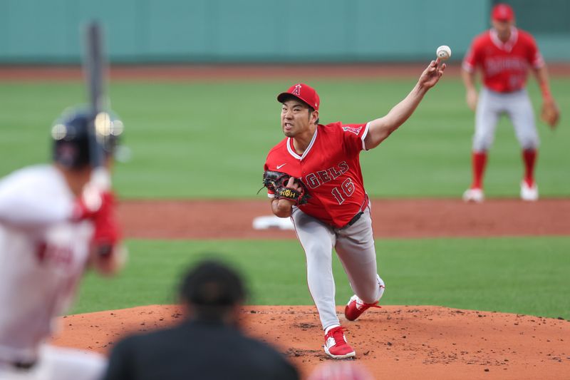 Jun 3, 2025; Boston, Massachusetts, USA; Los Angeles Angels starting pitcher Yusei Kikuchi (16) delivers a pitch during the first inning against the Boston Red Sox at Fenway Park. Mandatory Credit: Paul Rutherford-Imagn Images