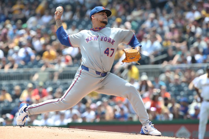 Jun 29, 2025; Pittsburgh, Pennsylvania, USA;  New York Mets starting pitcher Frankie Montas (47) delivers a pitch against the Pittsburgh Pirates during the first inning at PNC Park. Mandatory Credit: Charles LeClaire-Imagn Images