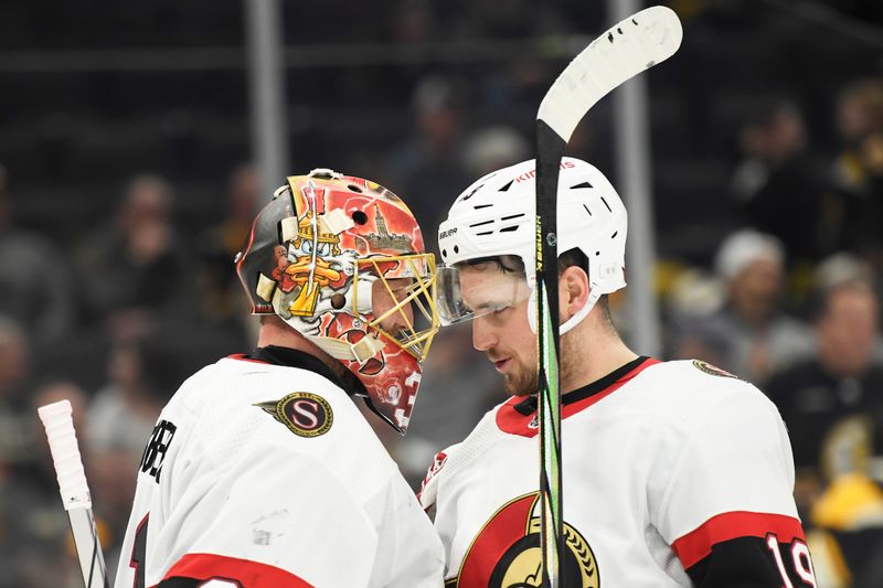 Apr 16, 2024; Boston, Massachusetts, USA;  Ottawa Senators right wing Drake Batherson (19) congratulates goaltender Anton Forsberg (31) after defeating the Boston Bruins at TD Garden. Mandatory Credit: Bob DeChiara-USA TODAY Sports