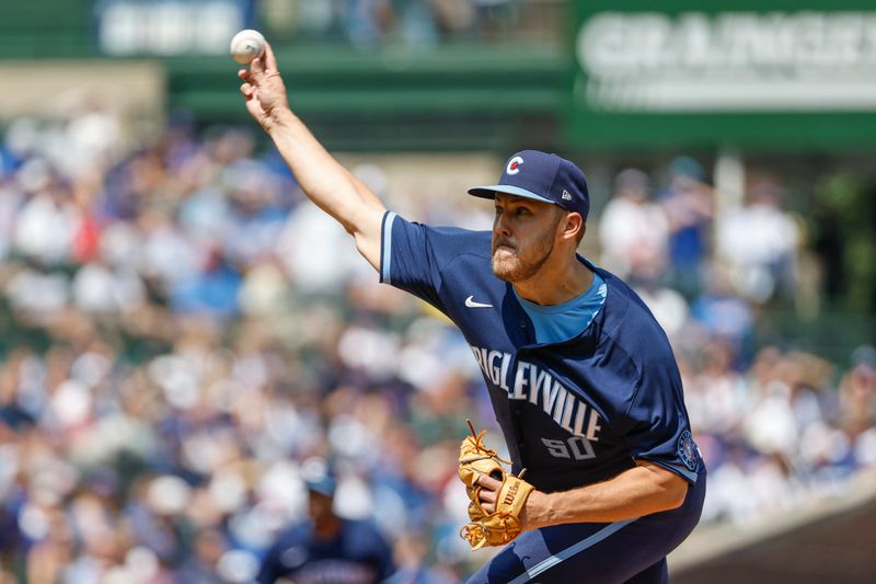 Aug 18, 2023; Chicago, Illinois, USA; Chicago Cubs starting pitcher Jameson Taillon (50) delivers a pitch against the Kansas City Royals during the first inning at Wrigley Field. Mandatory Credit: Kamil Krzaczynski-USA TODAY Sports