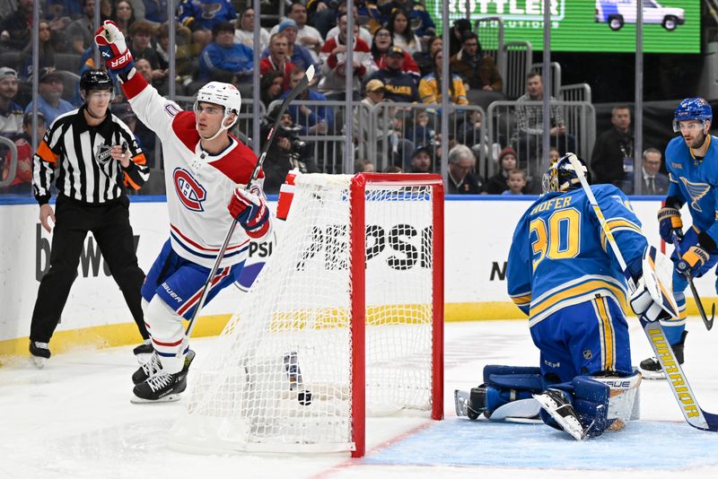 Nov 4, 2023; St. Louis, Missouri, USA; Montreal Canadiens left wing Juraj Slafkovsky (20) reacts after scoring a goal against the St. Louis Blues during the first period at Enterprise Center. Mandatory Credit: Jeff Le-USA TODAY Sports