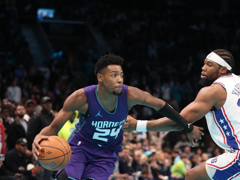 CHARLOTTE, NC - DECEMBER 3: Brandon Miller #24 of the Charlotte Hornets drives to the basket during the game against the Philadelphia 76ers during an NBA Emirates Cup game on December 3, 2024 at Spectrum Center in Charlotte, North Carolina. NOTE TO USER: User expressly acknowledges and agrees that, by downloading and or using this photograph, User is consenting to the terms and conditions of the Getty Images License Agreement. Mandatory Copyright Notice: Copyright 2024 NBAE (Photo by Brock Williams-Smith/NBAE via Getty Images)