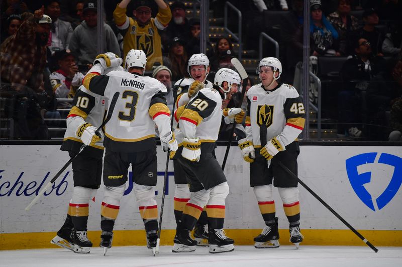 Feb 25, 2026; Los Angeles, California, USA; Vegas Golden Knights celebrate the goal scored by left wing Brandon Saad (20) against the Los Angeles Kings during the third period at Crypto.com Arena. Mandatory Credit: Gary A. Vasquez-Imagn Images