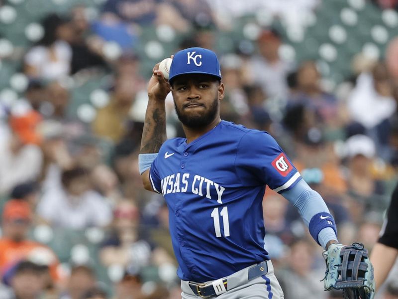 Apr 28, 2024; Detroit, Michigan, USA;  Kansas City Royals third baseman Maikel Garcia (11) makes a throw in the fifth inning against the Detroit Tigers at Comerica Park. Mandatory Credit: Rick Osentoski-USA TODAY Sports