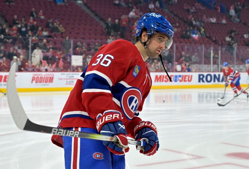 Apr 9, 2024; Montreal, Quebec, CAN; Montreal Canadiens forward Colin White (36) skates during the warmup period before the game against the Philadelphia Flyers at the Bell Centre. Mandatory Credit: Eric Bolte-USA TODAY Sports