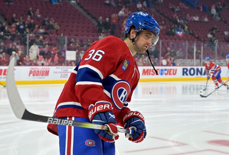 Apr 9, 2024; Montreal, Quebec, CAN; Montreal Canadiens forward Colin White (36) skates during the warmup period before the game against the Philadelphia Flyers at the Bell Centre. Mandatory Credit: Eric Bolte-USA TODAY Sports