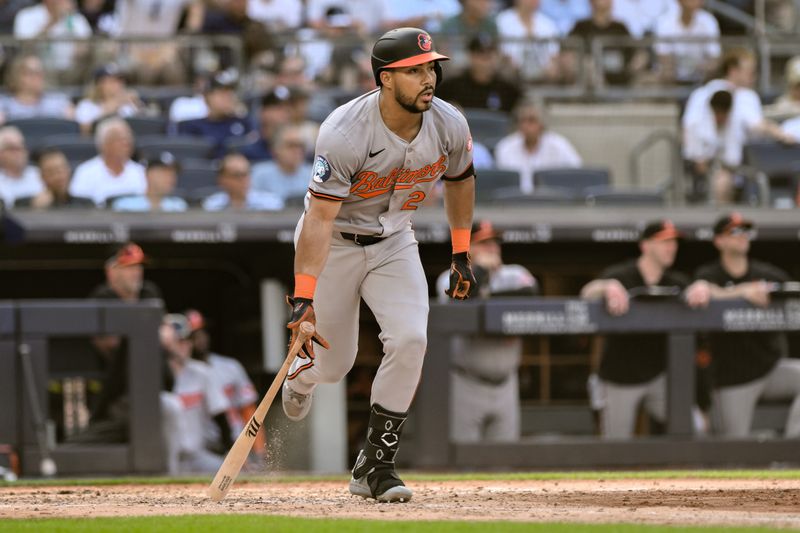 Jun 20, 2024; Bronx, New York, USA; Baltimore Orioles outfielder Anthony Santander (25) hits a three-run home run against the New York Yankees during the fifth inning at Yankee Stadium. Mandatory Credit: John Jones-USA TODAY Sports