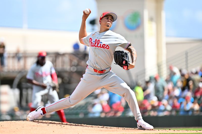 Mar 6, 2026; Bradenton, Florida, USA; Philadelphia Phillies starting  pitcher Jean Cabrera (79) throws a pitch in the first inning against the Pittsburgh Pirates during spring training  at LECOM Park. Mandatory Credit: Jonathan Dyer-Imagn Images