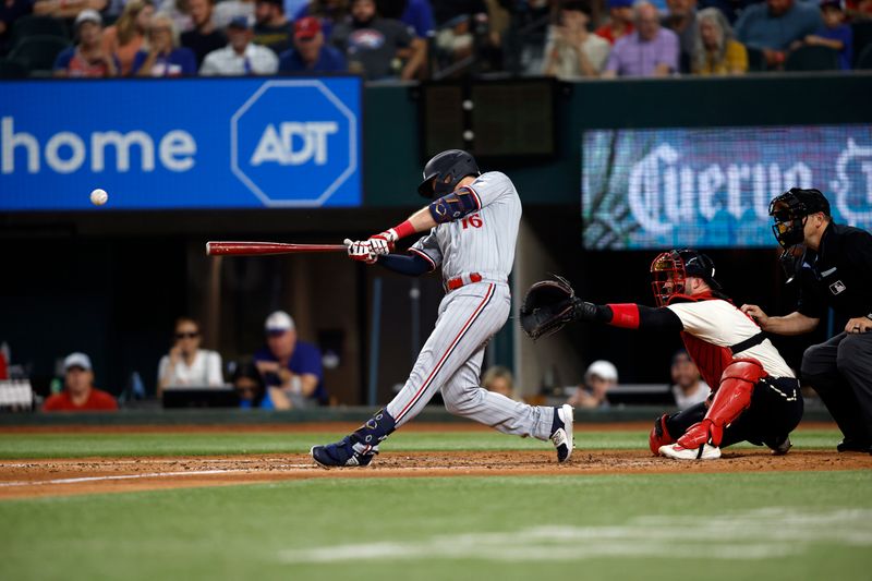 Sep 2, 2023; Arlington, Texas, USA; Minnesota Twins left fielder Jordan Luplow (16) hits a single in the fourth inning against the Texas Rangers at Globe Life Field. Mandatory Credit: Tim Heitman-USA TODAY Sports