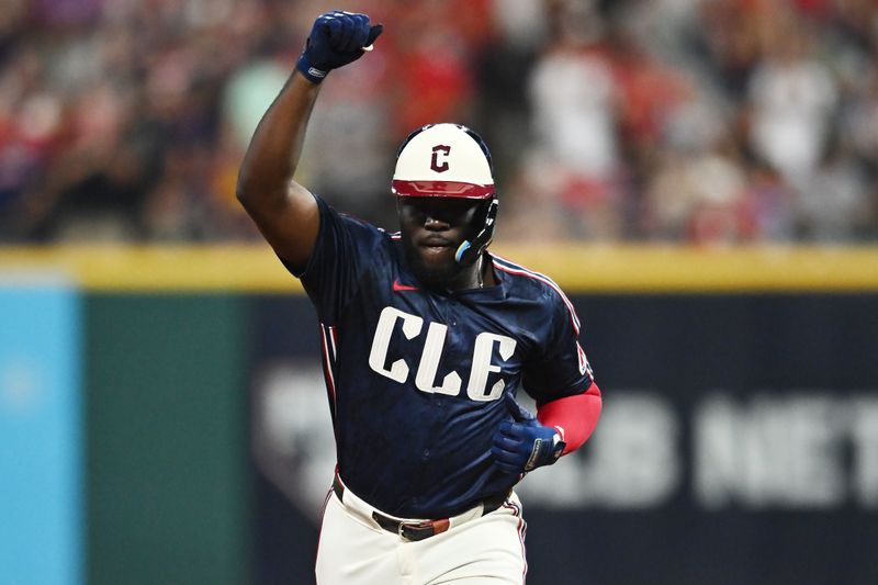 Aug 30, 2024; Cleveland, Ohio, USA; Cleveland Guardians right fielder Jhonkensy Noel (43) rounds the bases after hitting a home run during the fifth inning against the Pittsburgh Pirates at Progressive Field. Mandatory Credit: Ken Blaze-USA TODAY Sports