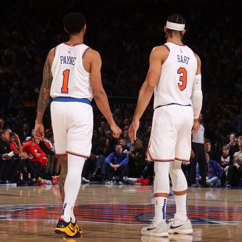 NEW YORK, NY - FEBRUARY 12: Cameron Payne #1 and Josh Hart #3 of the New York Knicks look on during the game against the Atlanta Hawks on February 12, 2025 at Madison Square Garden in New York City, New York.  NOTE TO USER: User expressly acknowledges and agrees that, by downloading and or using this photograph, User is consenting to the terms and conditions of the Getty Images License Agreement. Mandatory Copyright Notice: Copyright 2025 NBAE(Photo by Nathaniel S. Butler/NBAE via Getty Images)