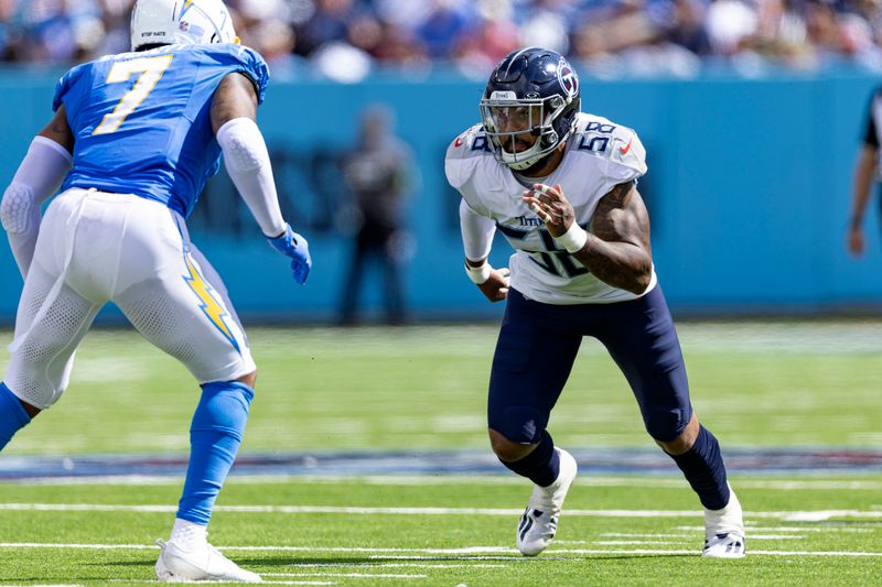 Tennessee Titans linebacker Harold Landry III (58) rushes during their NFL football game against the Los Angeles Chargers Sunday, Sept. 17, 2023, in Nashville, Tenn. (AP Photo/Wade Payne)