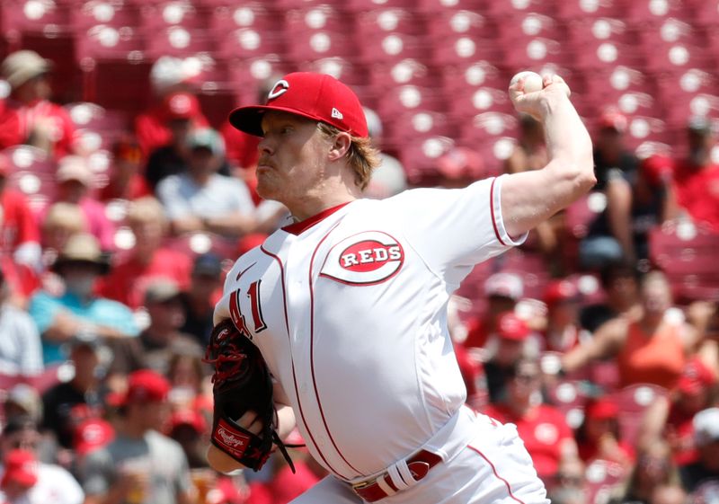 Jun 21, 2023; Cincinnati, Ohio, USA; Cincinnati Reds starting pitcher Andrew Abbott (41) throws against the Colorado Rockies during the first inning at Great American Ball Park. Mandatory Credit: David Kohl-USA TODAY Sports