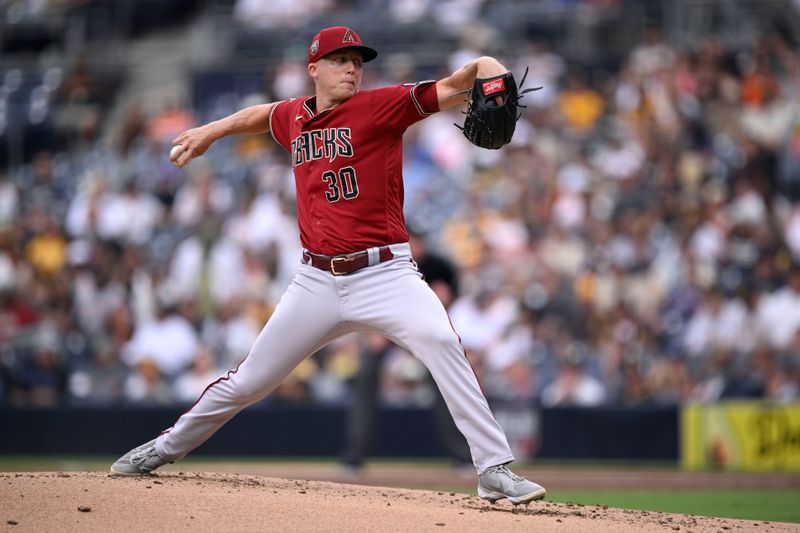 Aug 19, 2023; San Diego, California, USA; Arizona Diamondbacks starting pitcher Scott McGough (30) throws a pitch against the San Diego Padres during the first inning at Petco Park. Mandatory Credit: Orlando Ramirez-USA TODAY Sports