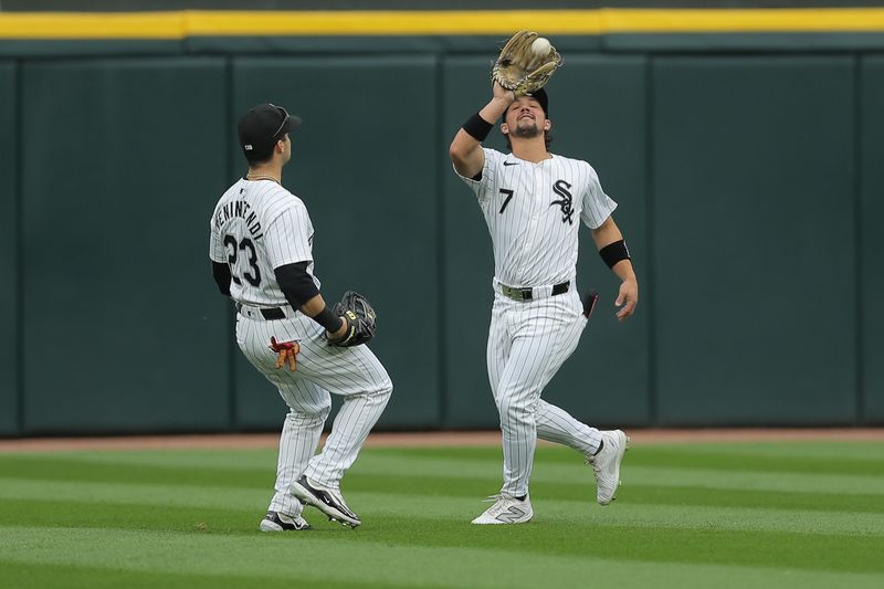 Apr 17, 2024; Chicago, Illinois, USA; Chicago White Sox outfielder Dominic Fletcher (7) makes a catch in the outfield for an out in the first inning during game one of a double header against the Kansas City Royals at Guaranteed Rate Field. Mandatory Credit: Melissa Tamez-USA TODAY Sports