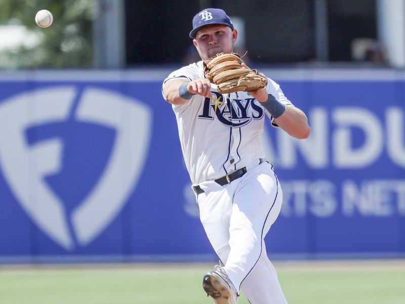 May 25, 2025; St. Petersburg, Florida, USA; Tampa Bay Rays first base Curtis Mead (25) throws the ball to first base for an out during the seventh inning against the Toronto Blue Jays  at George M. Steinbrenner Field. Mandatory Credit: Kim Klement Neitzel-Imagn Images