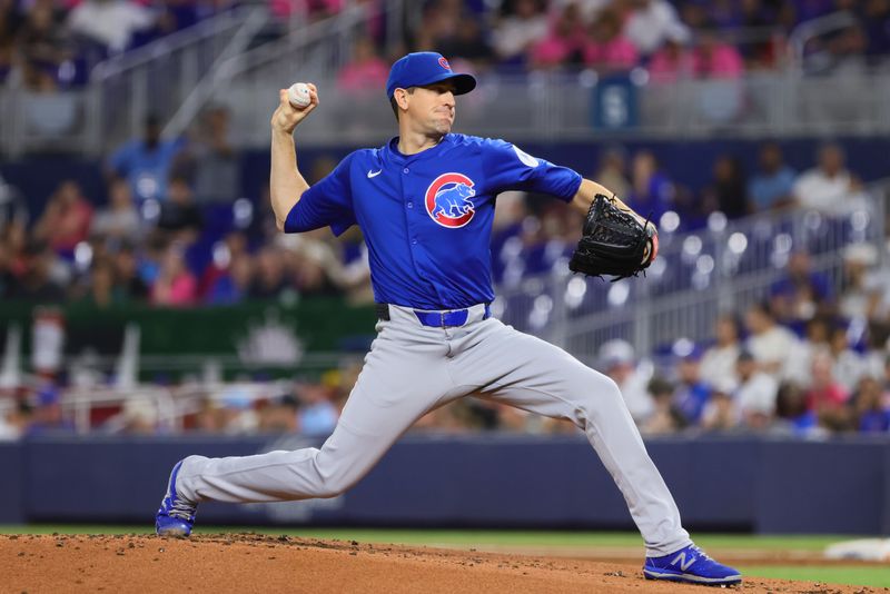 Aug 23, 2024; Miami, Florida, USA; Chicago Cubs starting pitcher Kyle Hendricks (28) delivers a pitch against the Miami Marlins during the first inning at loanDepot Park. Mandatory Credit: Sam Navarro-USA TODAY Sports