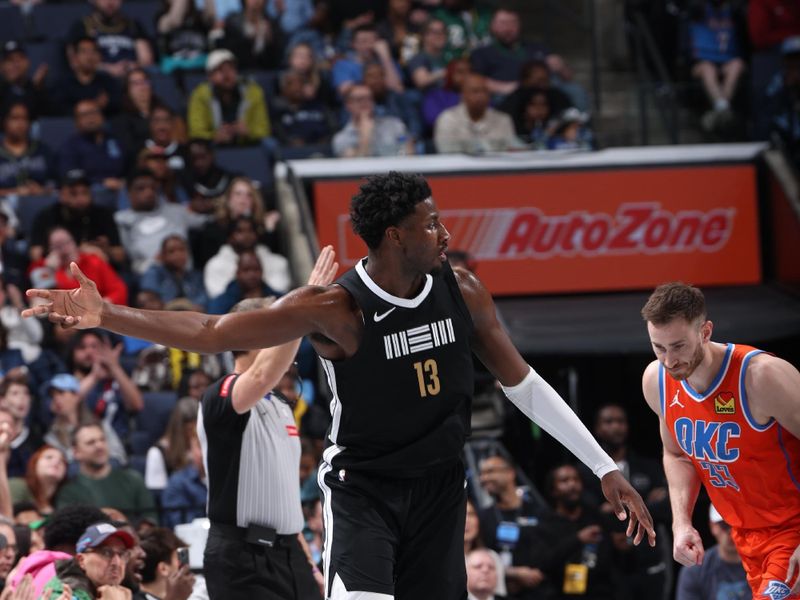 MEMPHIS, TN - MARCH 16:  Jaren Jackson Jr. #13 of the Memphis Grizzlies celebrates during the game against the Oklahoma City Thunder on March 16, 2024 at FedExForum in Memphis, Tennessee. NOTE TO USER: User expressly acknowledges and agrees that, by downloading and or using this photograph, User is consenting to the terms and conditions of the Getty Images License Agreement. Mandatory Copyright Notice: Copyright 2024 NBAE (Photo by Joe Murphy/NBAE via Getty Images)