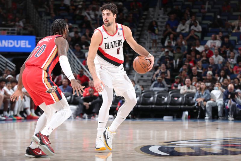 CHICAGO, IL - NOVEMBER 4: Deni Avdija #8 of the Portland Trail Blazers looks to pass the ball during the game against the New Orleans Pelicans on November 4, 2024 at Smoothie King Center in New Orleans, Louisiana. NOTE TO USER: User expressly acknowledges and agrees that, by downloading and or using this photograph, User is consenting to the terms and conditions of the Getty Images License Agreement. Mandatory Copyright Notice: Copyright 2024 NBAE (Photo by Jeff Haynes/NBAE via Getty Images)