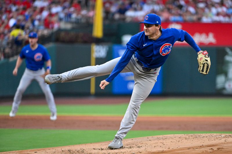 Jul 28, 2023; St. Louis, Missouri, USA;  Chicago Cubs starting pitcher Hayden Wesneski (19) pitches against the St. Louis Cardinals during the first inning at Busch Stadium. Mandatory Credit: Jeff Curry-USA TODAY Sports