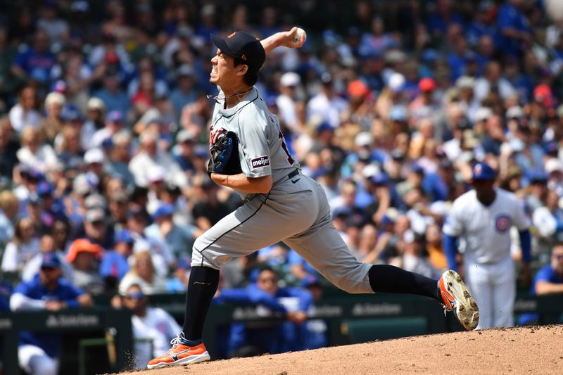 Aug 22, 2024; Chicago, Illinois, USA; Detroit Tigers relief pitcher Kenta Maeda (18) pitches during the second inning against the Chicago Cubs at Wrigley Field. Mandatory Credit: Patrick Gorski-USA TODAY Sports