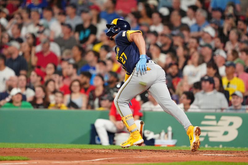 May 24, 2024; Boston, Massachusetts, USA; Milwaukee Brewers shortstop Willy Adames (27) runs out an RBI double against the Boston Red Sox during the fifth inning at Fenway Park. Mandatory Credit: Gregory Fisher-USA TODAY Sports