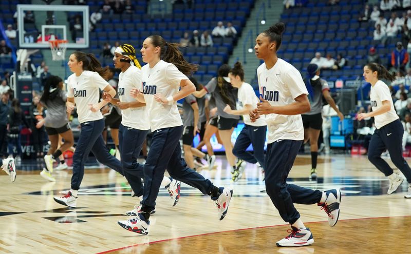 Feb 5, 2023; Hartford, Connecticut, USA; The UConn Huskies warm up before the start of the game against the South Carolina Gamecocks at XL Center. Mandatory Credit: David Butler II-USA TODAY Sports