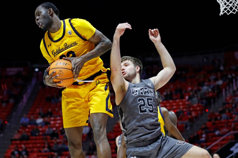 Feb 5, 2023; Salt Lake City, Utah, USA; California Golden Bears forward Obinna Anyanwu (23) grabs a rebound against Utah Utes guard Rollie Worster (25) in the second half at Jon M. Huntsman Center. Mandatory Credit: Jeffrey Swinger-USA TODAY Sports