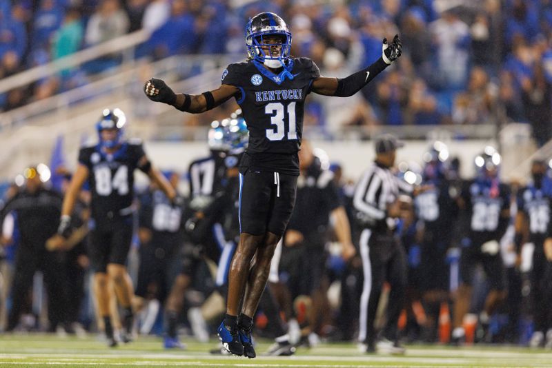 Oct 14, 2023; Lexington, Kentucky, USA; Kentucky Wildcats defensive back Maxwell Hairston (31) reacts during the third quarter against the Missouri Tigers at Kroger Field. Mandatory Credit: Jordan Prather-USA TODAY Sports