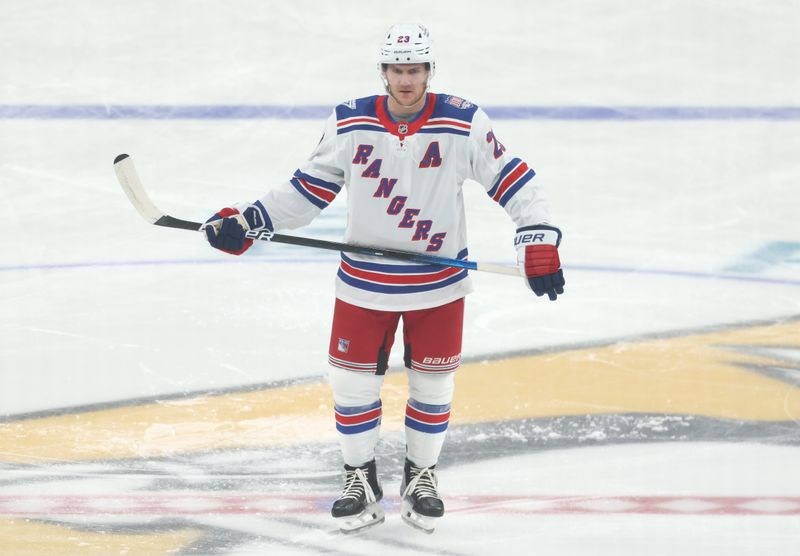 Oct 11, 2025; Pittsburgh, Pennsylvania, USA;  New York Rangers defenseman Adam Fox (23) warms up before the game against the Pittsburgh Penguins at PPG Paints Arena. Mandatory Credit: Charles LeClaire-Imagn Images