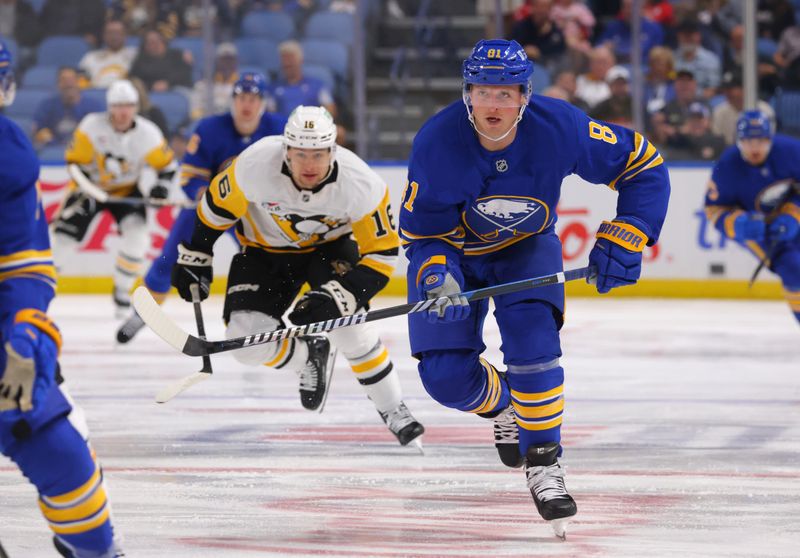 Sep 21, 2024; Buffalo, New York, USA;  Buffalo Sabres center Sam Lafferty (81) goes after a loose puck during the first period against the Pittsburgh Penguins at KeyBank Center. Mandatory Credit: Timothy T. Ludwig-Imagn Images