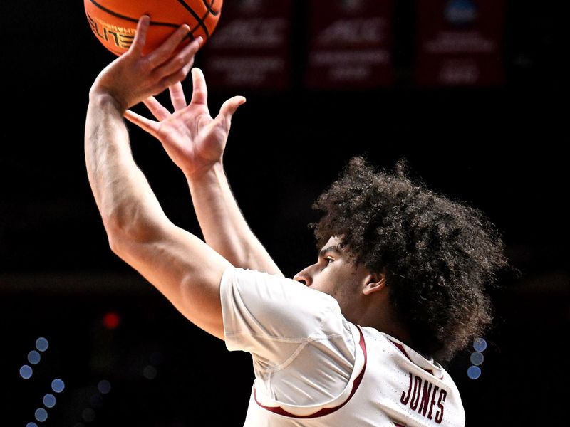 Jan 31, 2026; Tallahassee, Florida, USA; Florida State Seminoles guard Lajae Jones (10) shoots the ball during the first half against the Stanford Cardinal at Donald L. Tucker Center. Mandatory Credit: Melina Myers-Imagn Images