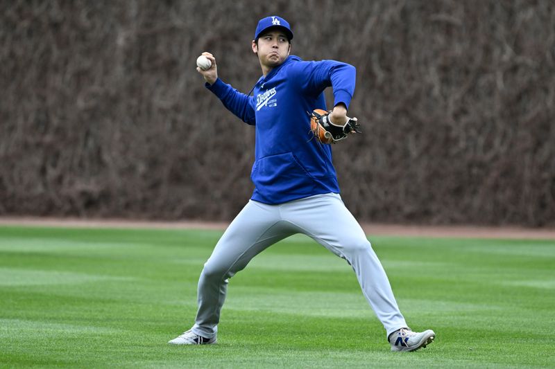 Apr 5, 2024; Chicago, Illinois, USA;  Los Angeles Dodgers two-way player Shohei Ohtani (17) warms up before the game against the Chicago Cubs at Wrigley Field. Mandatory Credit: Matt Marton-USA TODAY Sports