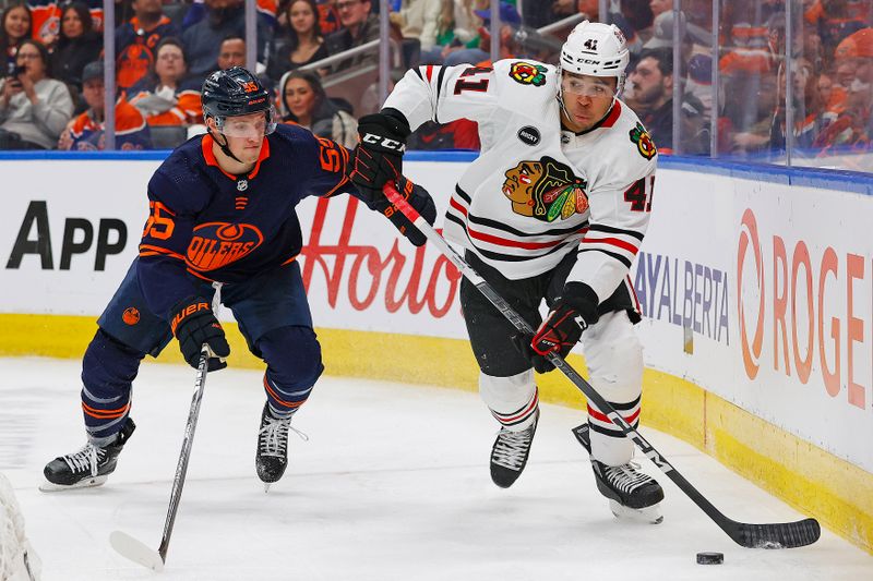 Jan 25, 2024; Edmonton, Alberta, CAN; Chicago Blackhawks defensemen Isaak Phillips (41) controls the puck in front of Edmonton Oilers forward Dylan Holloway (55) during the third period at Rogers Place. Mandatory Credit: Perry Nelson-USA TODAY Sports