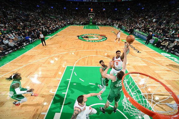 BOSTON, MA - DECEMBER 8: RJ Barrett #9 of the New York Knicks goes to the basket during the game on December 8, 2023 at the TD Garden in Boston, Massachusetts. NOTE TO USER: User expressly acknowledges and agrees that, by downloading and or using this photograph, User is consenting to the terms and conditions of the Getty Images License Agreement. Mandatory Copyright Notice: Copyright 2023 NBAE  (Photo by Brian Babineau/NBAE via Getty Images)