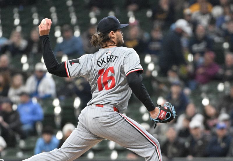 Apr 3, 2024; Milwaukee, Wisconsin, USA; Minnesota Twins relief pitcher Steven Okert (16) delivers a pitch against the Milwaukee Brewers in the ninth inning at American Family Field. Mandatory Credit: Michael McLoone-USA TODAY Sports