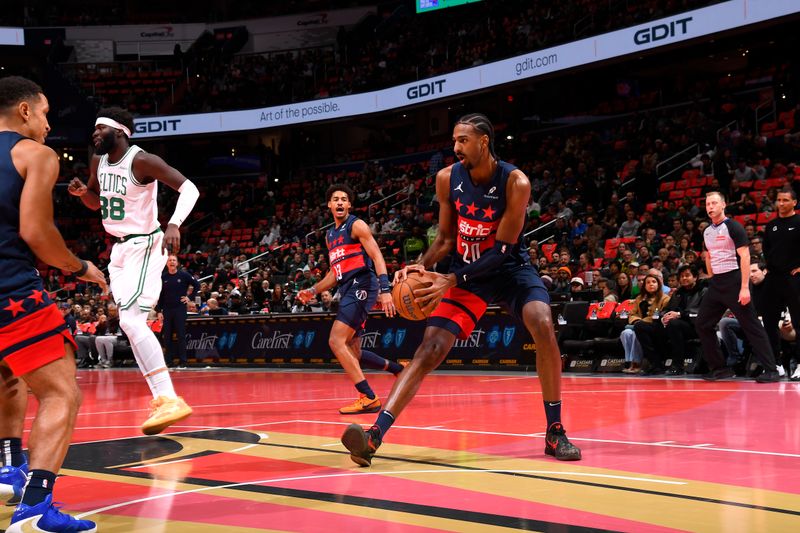 WASHINGTON, DC -?NOVEMBER 22: Alexandre Sarr #20 of the Washington Wizards handles the ball during the game against the Boston Celtics during the Emirates NBA Cup game on November 22, 2024 at Capital One Arena in Washington, DC. NOTE TO USER: User expressly acknowledges and agrees that, by downloading and or using this Photograph, user is consenting to the terms and conditions of the Getty Images License Agreement. Mandatory Copyright Notice: Copyright 2024 NBAE (Photo by Brian Babineau/NBAE via Getty Images)