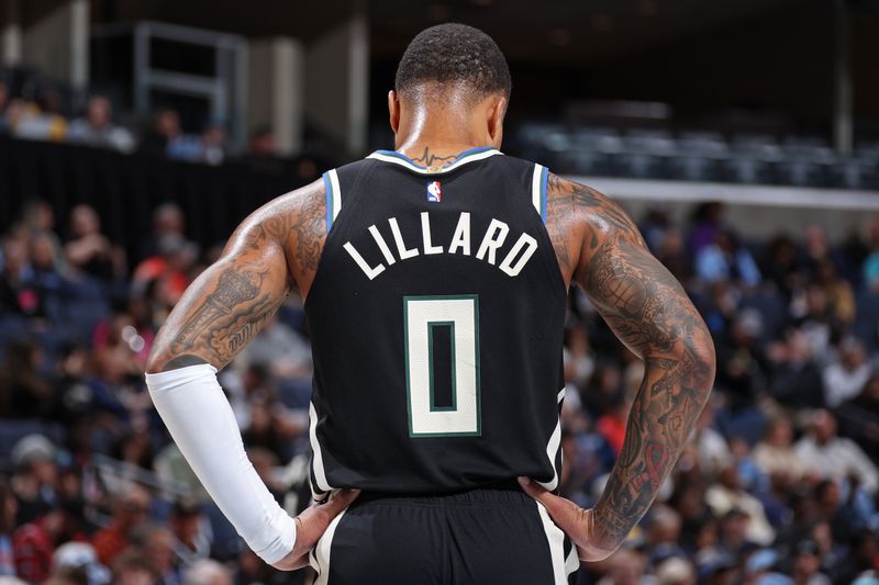 MEMPHIS, TN - FEBRUARY 15: Damian Lillard #0 of the Milwaukee Bucks looks on during the game against the Memphis Grizzlies on February 15, 2024 at FedExForum in Memphis, Tennessee. NOTE TO USER: User expressly acknowledges and agrees that, by downloading and or using this photograph, User is consenting to the terms and conditions of the Getty Images License Agreement. Mandatory Copyright Notice: Copyright 2024 NBAE (Photo by Stephen Gosling/NBAE via Getty Images)