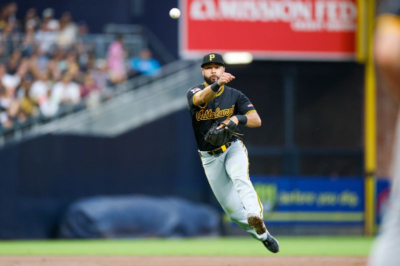 May 31, 2025; San Diego, California, USA; Pittsburgh Pirates shortstop Isiah Kiner-Falefa (7) makes the throw to first for an out during the second inning against the San Diego Padres at Petco Park. Mandatory Credit: David Frerker-Imagn Images