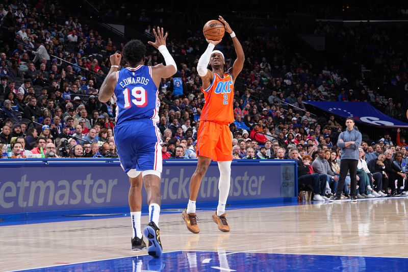 PHILADELPHIA, PA - JANUARY 14: Shai Gilgeous-Alexander #2 of the Oklahoma City Thunder shoots the ball during the game against the Philadelphia 76ers on January 14, 2025 at the Wells Fargo Center in Philadelphia, Pennsylvania NOTE TO USER: User expressly acknowledges and agrees that, by downloading and/or using this Photograph, user is consenting to the terms and conditions of the Getty Images License Agreement. Mandatory Copyright Notice: Copyright 2025 NBAE (Photo by Jesse D. Garrabrant/NBAE via Getty Images)