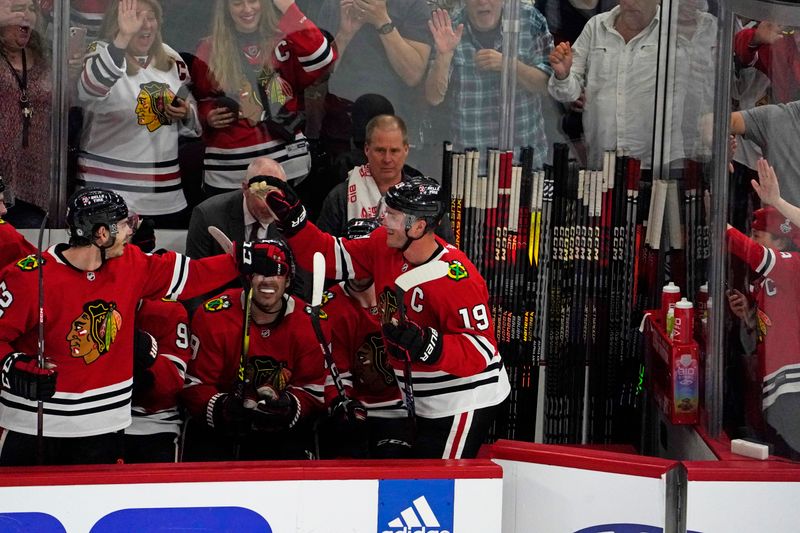 Apr 13, 2023; Chicago, Illinois, USA; Chicago Blackhawks center Jonathan Toews (19) celebrates his goal against the Philadelphia Flyers in his last game as a Blackhawk during the second period at United Center. Mandatory Credit: David Banks-USA TODAY Sports