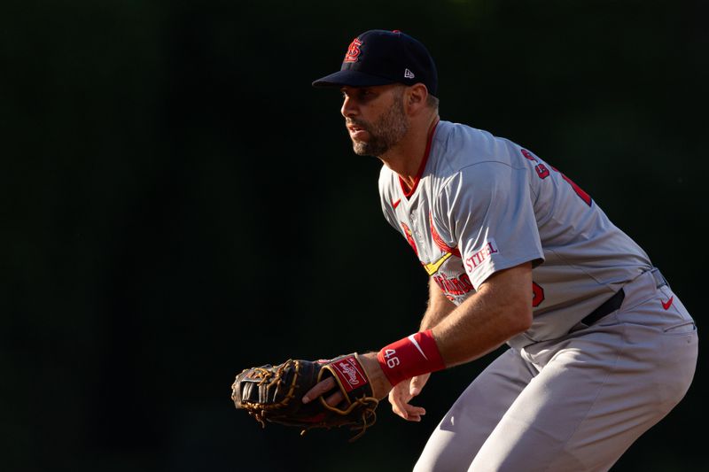 May 31, 2024; Philadelphia, Pennsylvania, USA; St. Louis Cardinals first base Paul Goldschmidt (46) plays first base against the Philadelphia Phillies during the first inning at Citizens Bank Park. Mandatory Credit: Bill Streicher-USA TODAY Sports