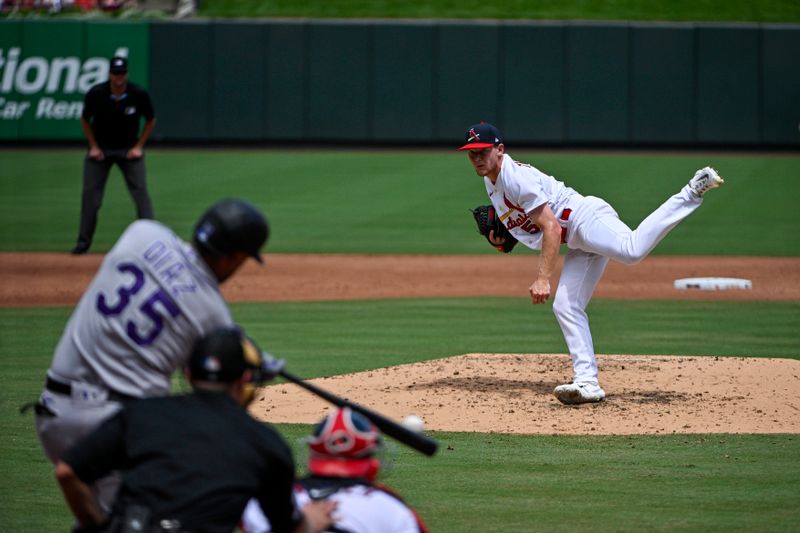 Aug 6, 2023; St. Louis, Missouri, USA;  St. Louis Cardinals starting pitcher Zack Thompson (57) pitches against the Colorado Rockies during the third inning at Busch Stadium. Mandatory Credit: Jeff Curry-USA TODAY Sports