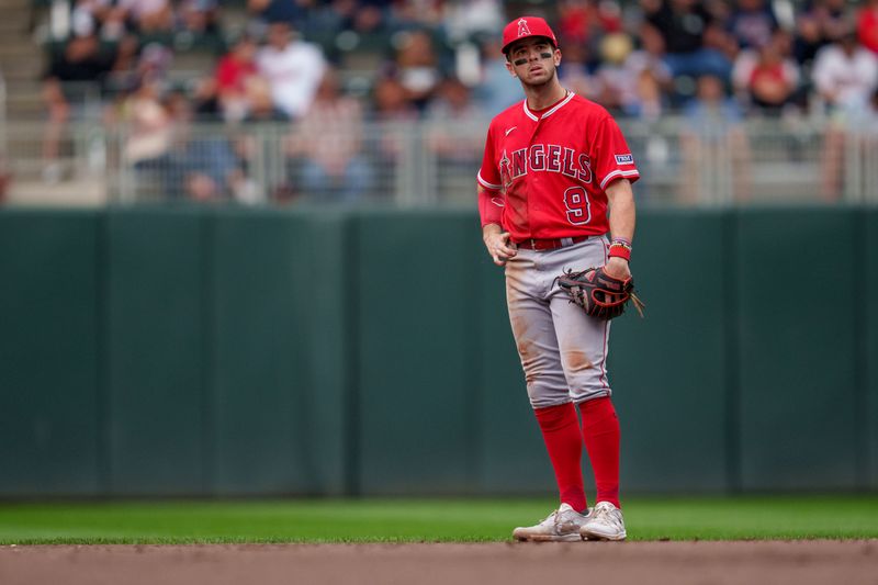 Sep 24, 2023; Minneapolis, Minnesota, USA; Los Angeles Angels shortstop Zach Neto (9) reacts after a Minnesota Twins runner is called safe a second base the fifth inning at Target Field. Mandatory Credit: Matt Blewett-USA TODAY Sports